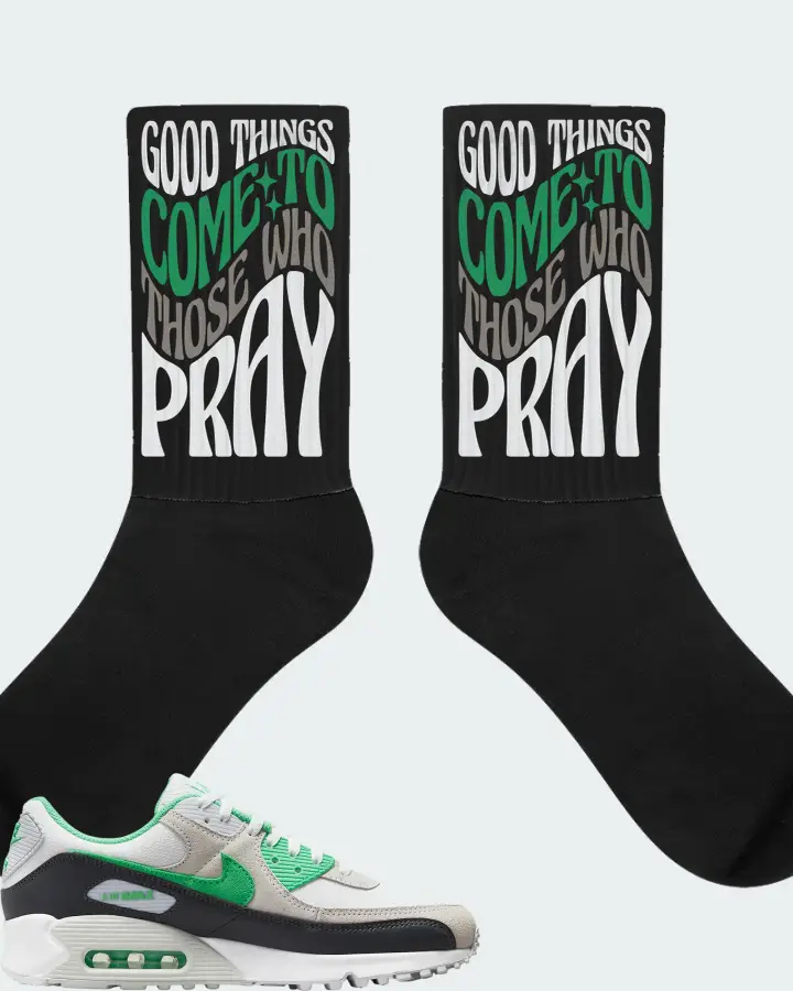 Nike Air Max 90  Spring Green White Black   Sneaker Matching Black Socks - Good Things Come To Those Who Pray