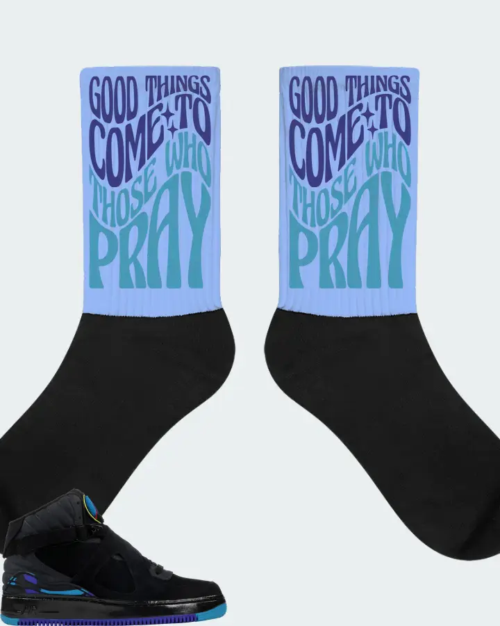 Jordan AJF 8 Sneaker Matching Carolina Blue Socks - Good Things Come To Those Who Pray