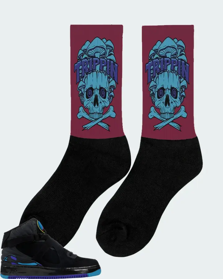 Jordan AJF 8 Sneaker Matching Maroon Socks (Trippin Skull) - View 3