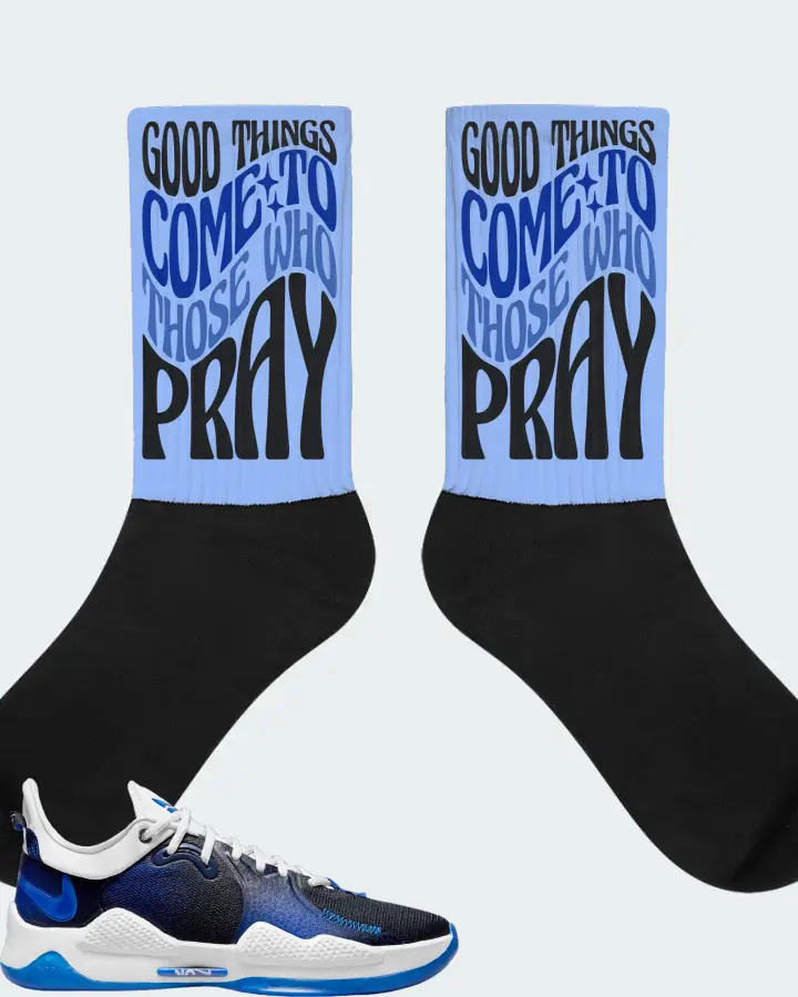 Nike PG 5 Sneaker Matching Carolina Blue Socks - Good Things Come To Those Who Pray