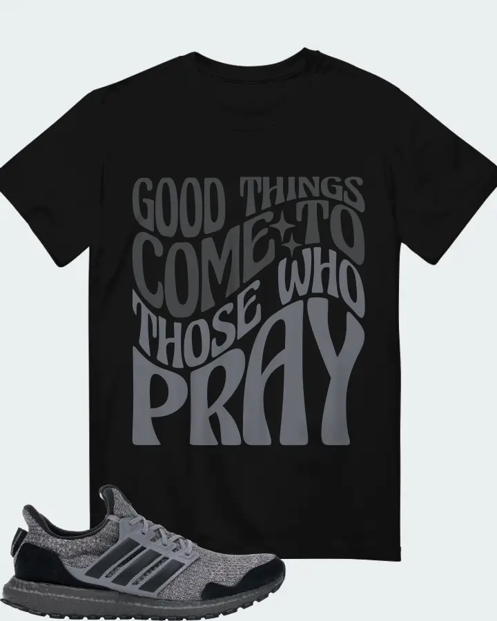 adidas Ultra Boost 4.0 Game of Thrones House Stark Sneaker Matching Black T-Shirt - Good Things Come To Those Who Pray