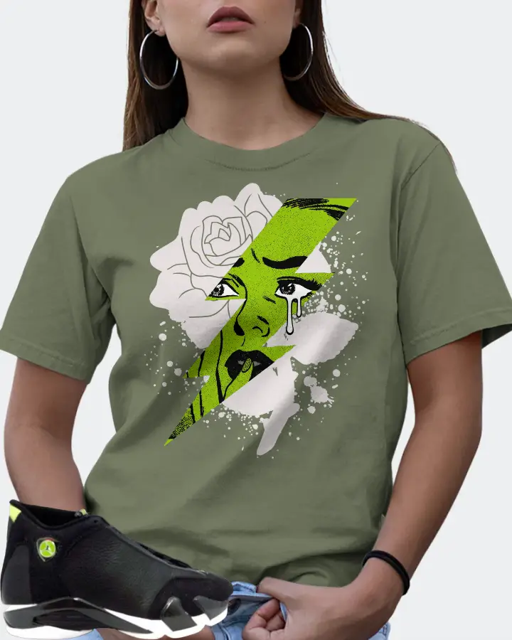 Jordan 14 OG  Sneaker Matching Olive T-Shirt (High Voltage) - View 7
