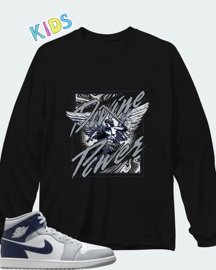 Air Jordan 1 Mid Wolf Grey Midnight Navy Matching Kid's Long Sleeve T-Shirt