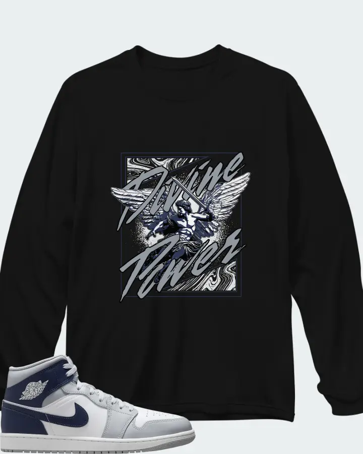 Air Jordan 1 Mid Wolf Grey Midnight Navy Matching Long Sleeve T-Shirt