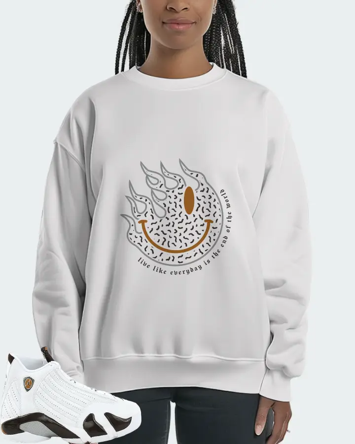 Jordan 14 Retro Sneaker Matching White Sweatshirt (Keep Smiling) - View 3