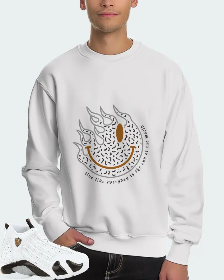Jordan 14 Retro Sneaker Matching White Sweatshirt (Keep Smiling) - View 4