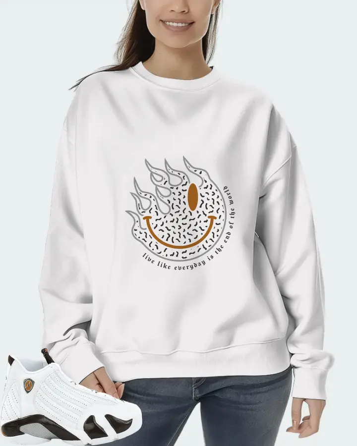 Jordan 14 Retro Sneaker Matching White Sweatshirt (Keep Smiling) - View 5