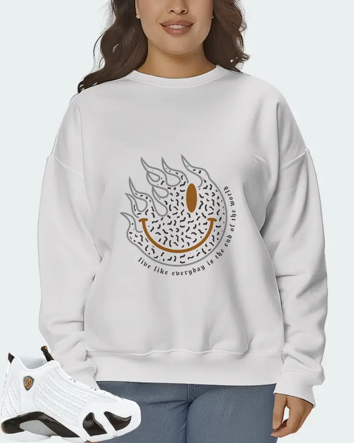 Jordan 14 Retro Sneaker Matching White Sweatshirt (Keep Smiling) - View 7