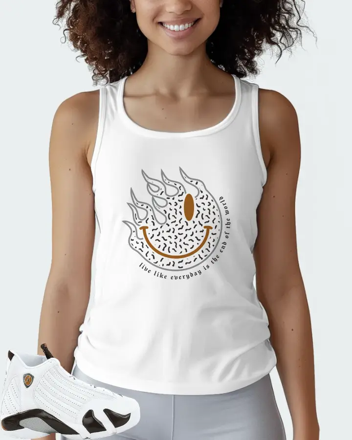 Jordan 14 Retro Sneaker Matching White Tank Top (Keep Smiling) - View 3