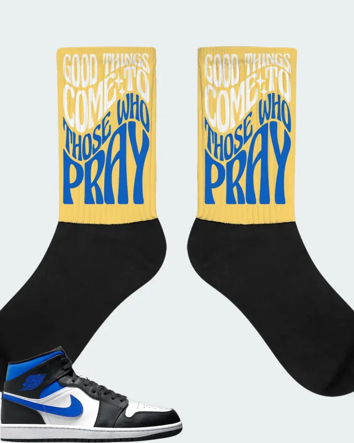 Jordan 1 Mid Sneaker Matching Yellow Socks - Good Things Come To Those Who Pray