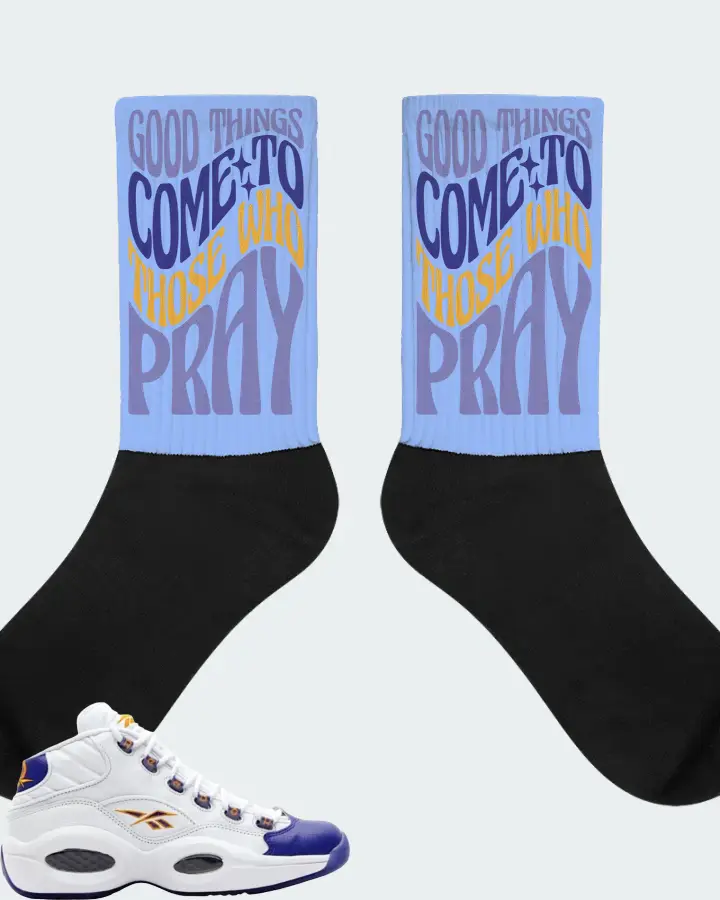 Reebok Question Mid Sneaker Matching Carolina Blue Socks - Good Things Come To Those Who Pray