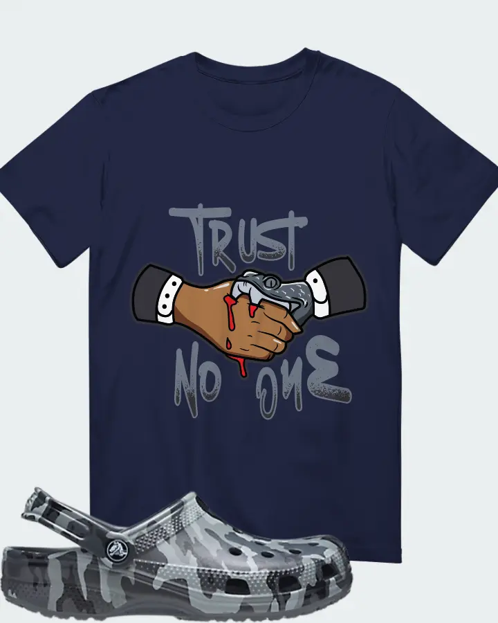 Crocs Printed Camo Clog slate grey Sneaker Matching Navy T-Shirt - Trust No One