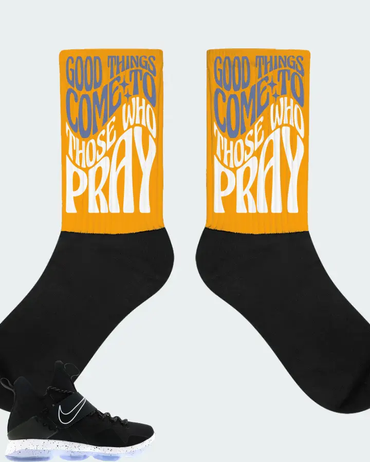 Nike LeBron 14 Sneaker Matching Gold Socks - Good Things Come To Those Who Pray