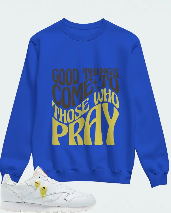 Reebok Classic Leather Sneaker Matching Royal Blue Sweatshirt - Good Things Come To Those Who Pray