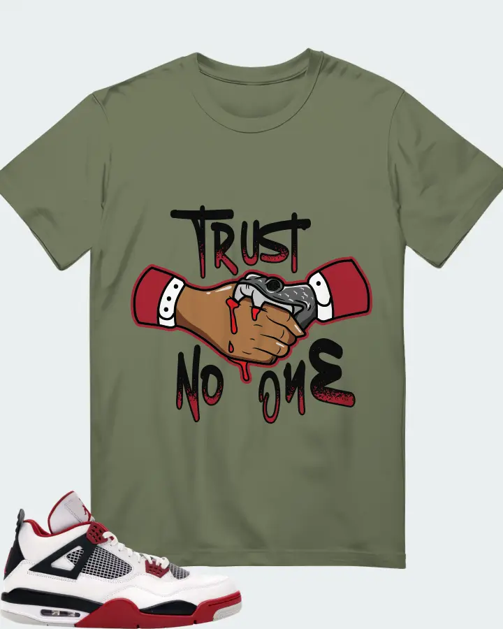 Jordan 4 Retro Sneaker Matching Olive Gildan T-Shirt - Trust No One