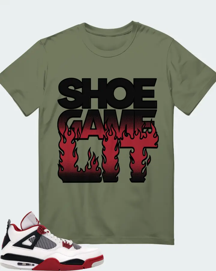 Jordan 4 Retro Sneaker Matching Olive Gildan T-Shirt - Shoe Game Lit Refreshed