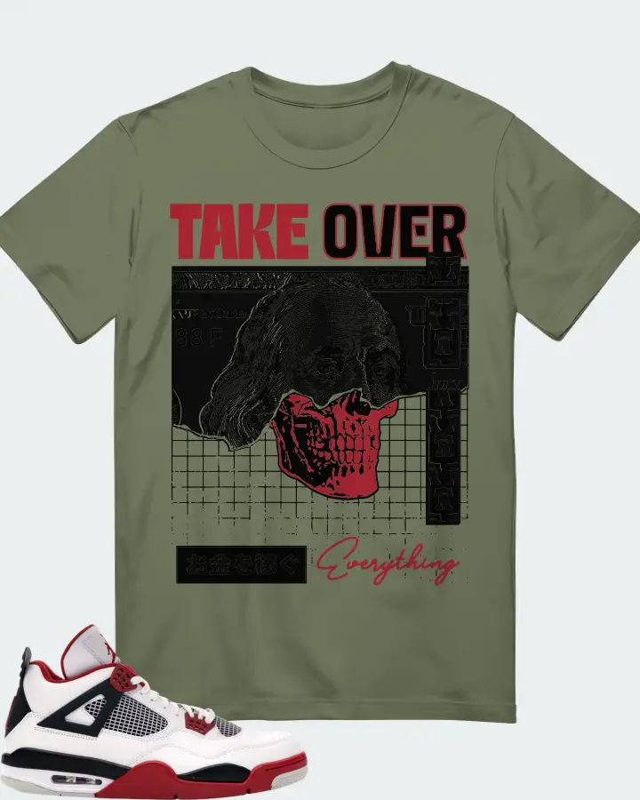 Jordan 4 Retro Sneaker Matching Olive Gildan T-Shirt - Take Over