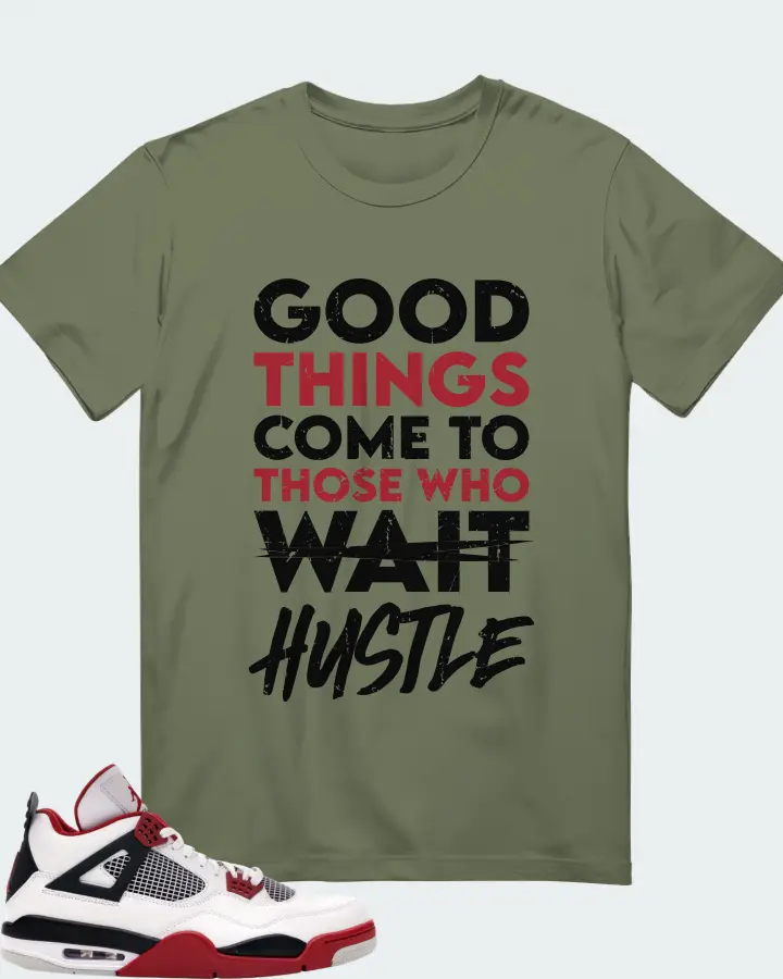 Jordan 4 Retro Sneaker Matching Olive Gildan T-Shirt - Good Things Come