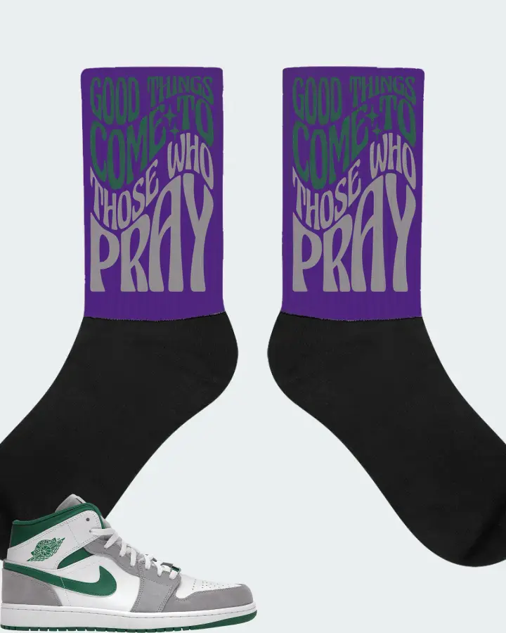 Jordan 1 Mid SE Sneaker Matching Purple Socks - Good Things Come To Those Who Pray