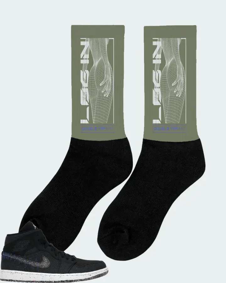 Jordan 1 Mid Crater Sneaker Matching Olive Socks (LOGIN) - View 3