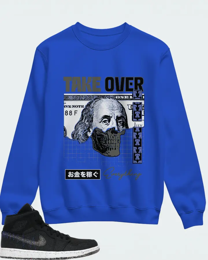 Jordan 1 Mid Crater Sneaker Matching Royal Blue Sweatshirt - Take Over