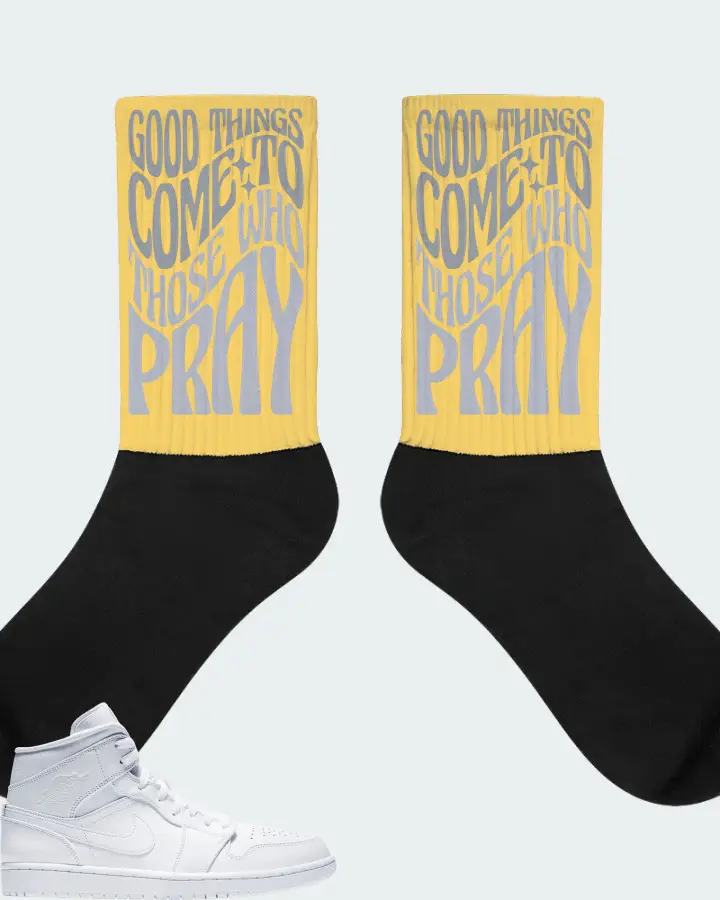 Jordan 1 Mid Sneaker Matching Yellow Socks - Good Things Come To Those Who Pray