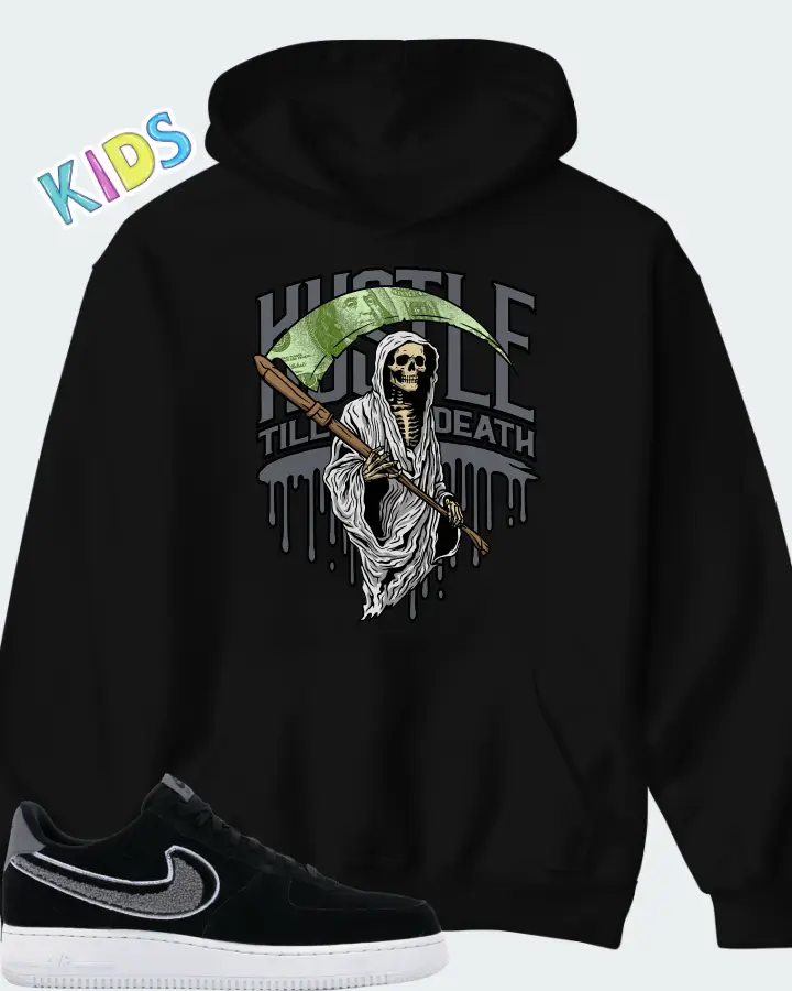 Nike Air Force 1 Low 3D Chenille Swoosh Black Cool Grey Matching Kid's Hoodie