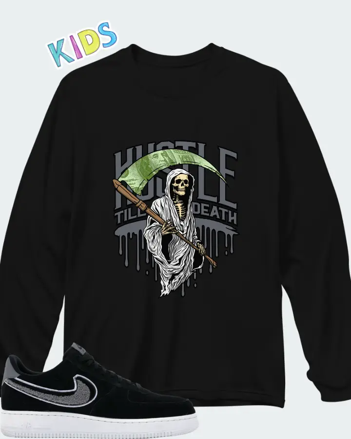 Nike Air Force 1 Low 3D Chenille Swoosh Black Cool Grey Matching Kid's Long Sleeve T-Shirt