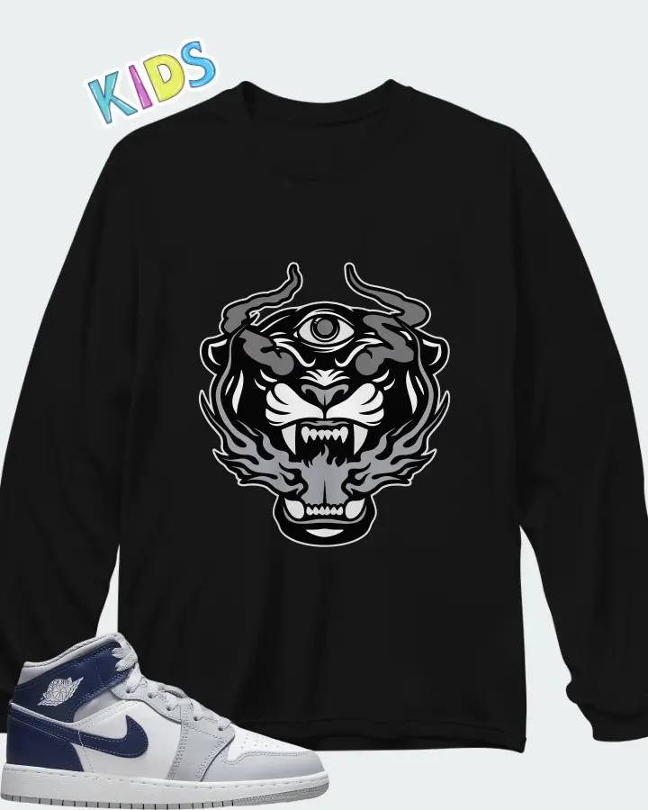 Air Jordan 1 Mid White Wolf Grey Midnight Navy Matching Kid's Long Sleeve T-Shirt