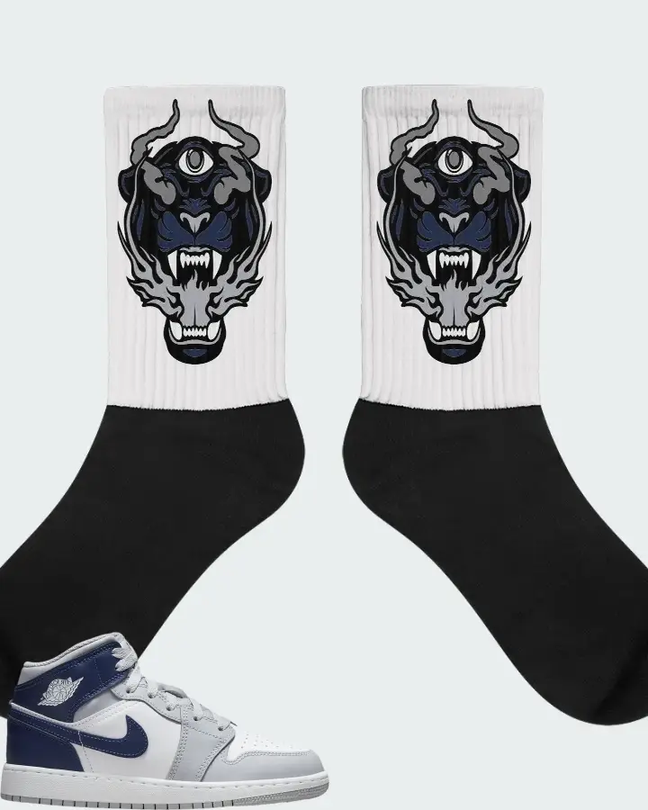 Air Jordan 1 Mid White Wolf Grey Midnight Navy Matching Socks