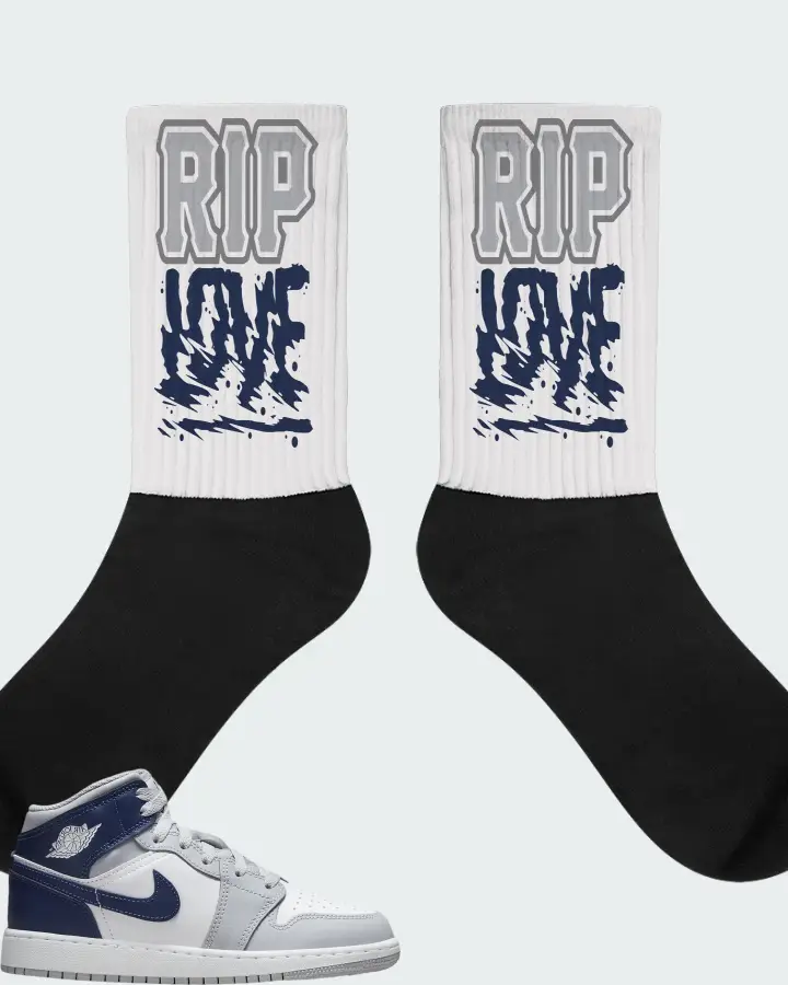 Air Jordan 1 Mid White Wolf Grey Midnight Navy Matching Socks