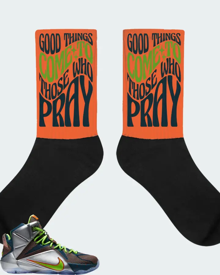 Nike LeBron 12 Sneaker Matching Orange Socks - Good Things Come To Those Who Pray