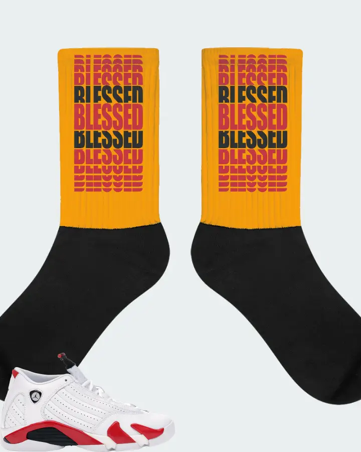 Jordan 14 Retro Sneaker Matching Gold Socks - BLESSED Many Times