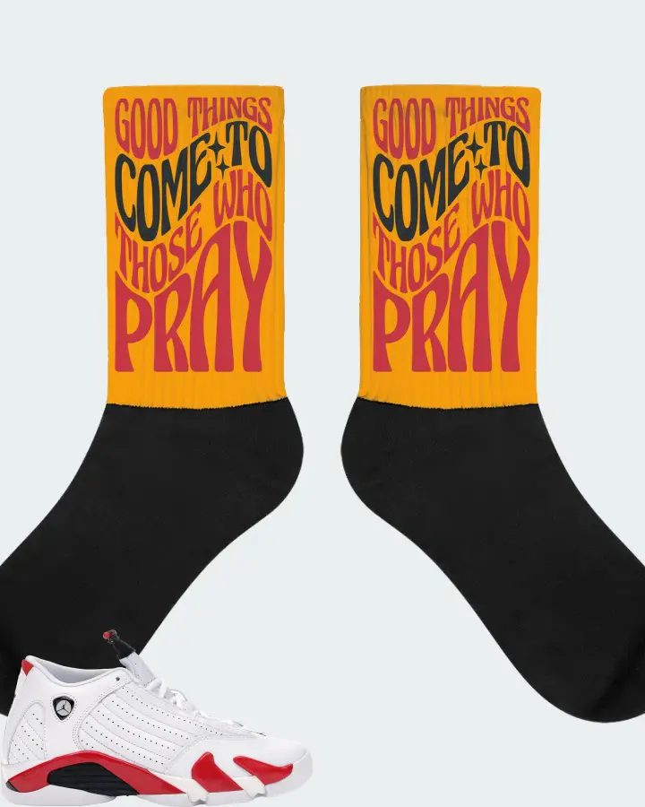 Jordan 14 Retro Sneaker Matching Gold Socks - Good Things Come To Those Who Pray