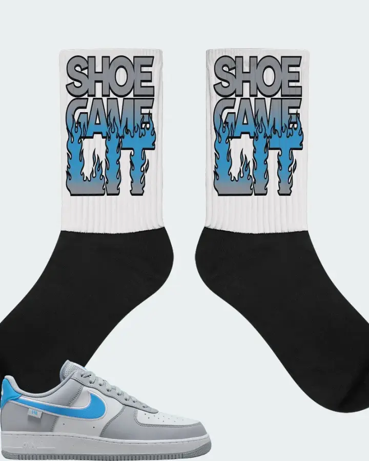 Nike Air Force 1 Low Grey University Blue Sneaker Matching White Socks - Shoe Game Lit Refreshed