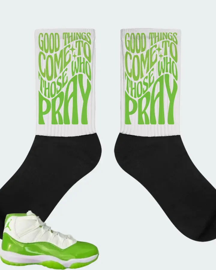 Air Jordan 11 Retro Lime Green Sneaker Matching White Socks - Good Things Come To Those Who Pray