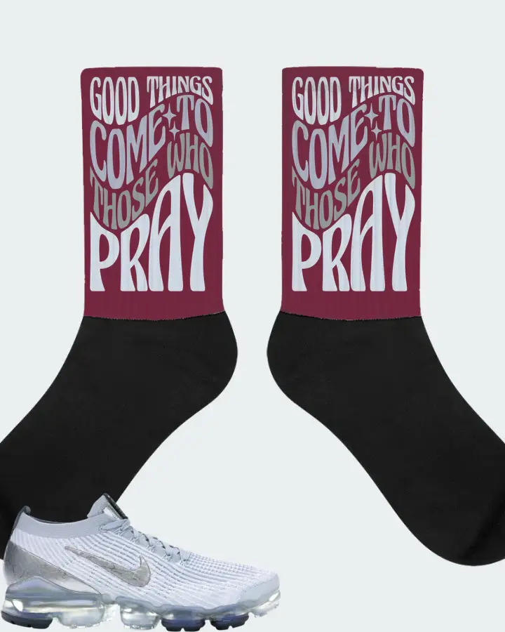 Nike Air VaporMax Flyknit 3 Sneaker Matching Maroon Socks - Good Things Come To Those Who Pray