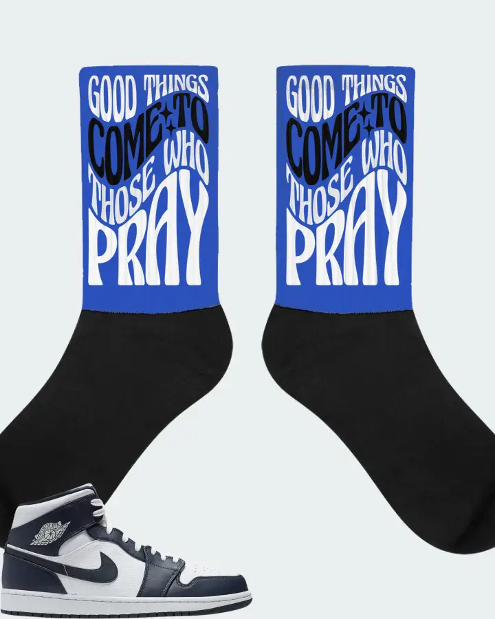 Jordan 1 Mid Sneaker Matching Royal Blue Socks - Good Things Come To Those Who Pray