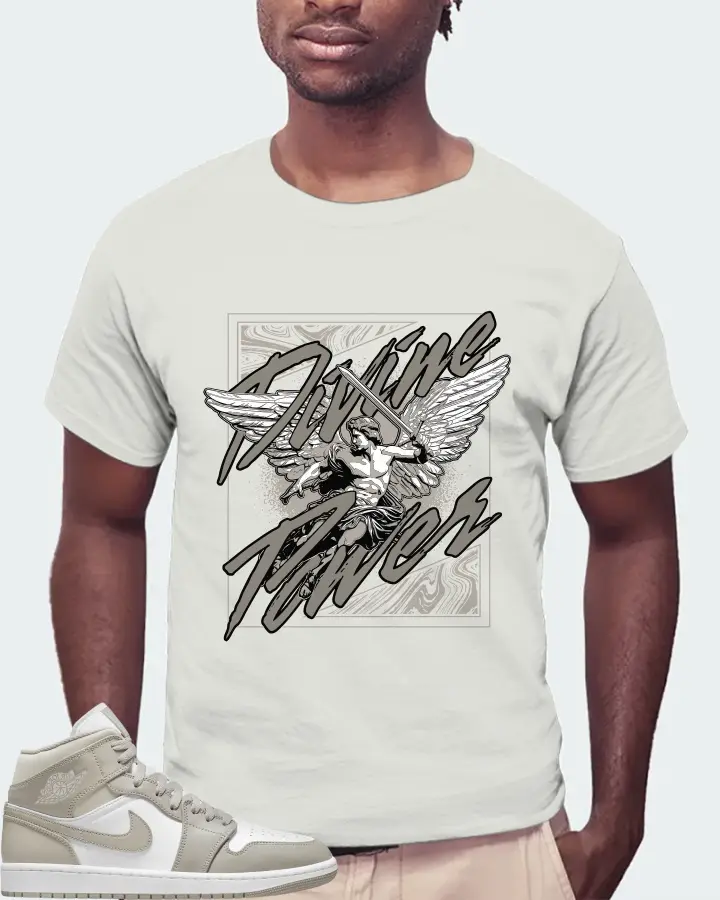 Jordan 1 Mid Sneaker Matching Silver T-Shirt (Divine Power) - View 4