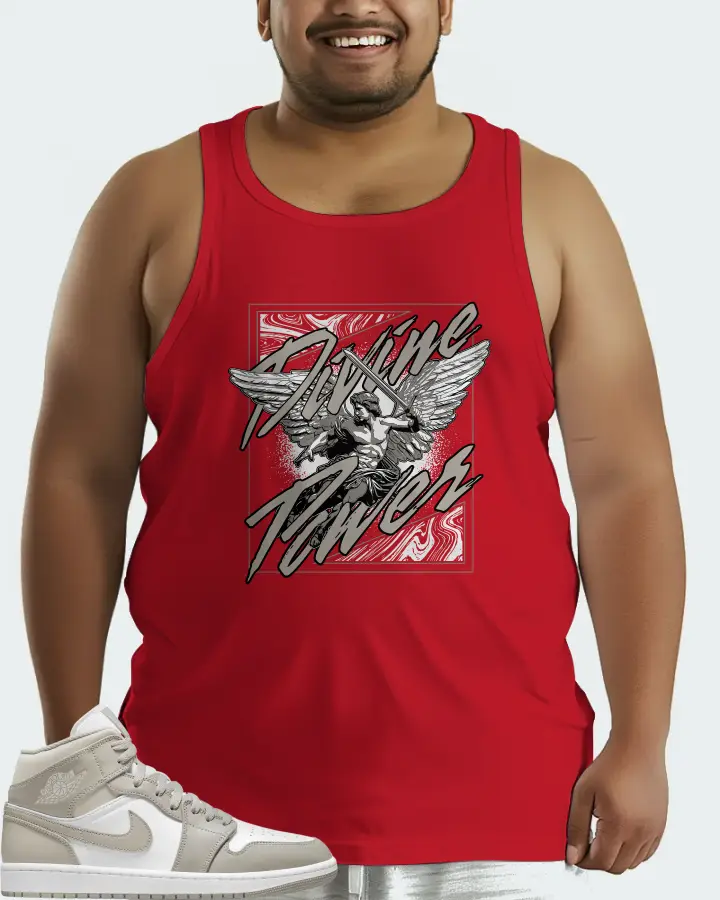 Jordan 1 Mid Sneaker Matching Red Tank Top (Divine Power) - View 6