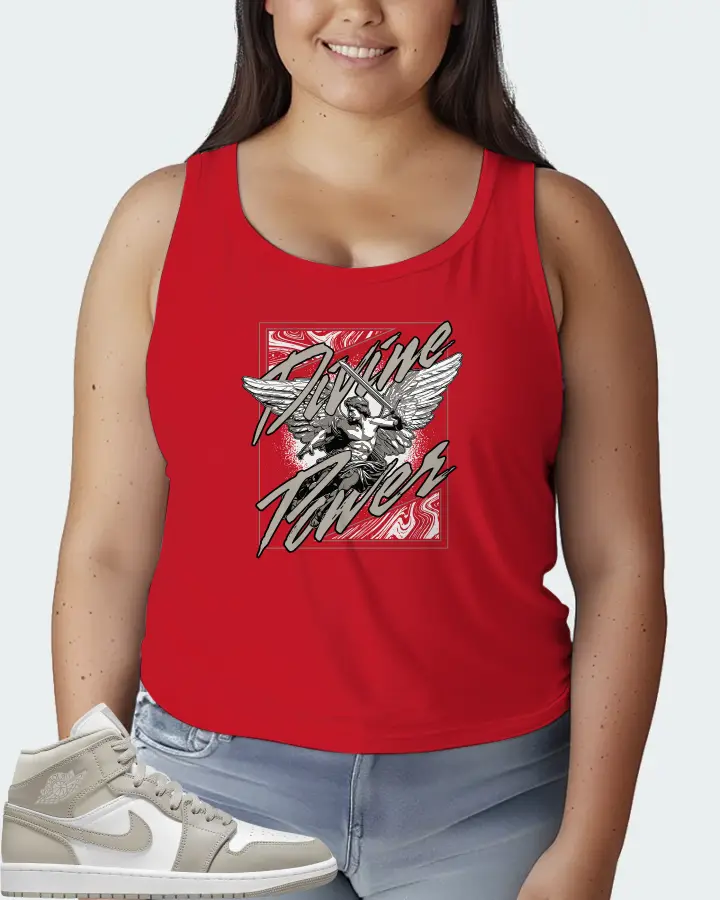 Jordan 1 Mid Sneaker Matching Red Tank Top (Divine Power) - View 7