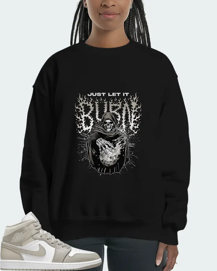 Jordan 1 Mid Sneaker Matching Black Sweatshirt (Just Let It Burn) - View 3