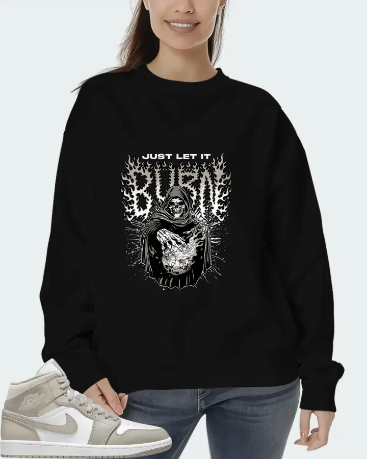 Jordan 1 Mid Sneaker Matching Black Sweatshirt (Just Let It Burn) - View 5