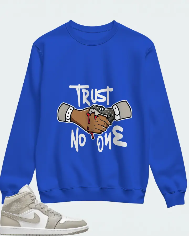 Jordan 1 Mid Sneaker Matching Royal Blue Sweatshirt - Trust No One