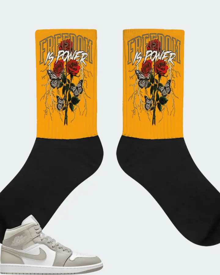 Jordan 1 Mid Sneaker Matching Gold Socks (Freedom Is Power) - View 1