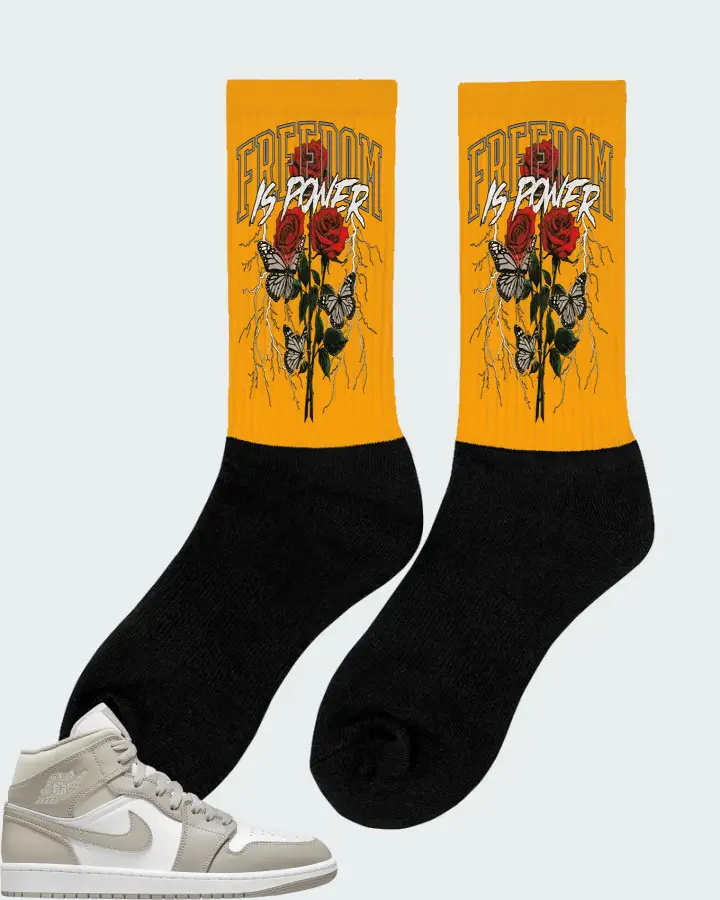 Jordan 1 Mid Sneaker Matching Gold Socks (Freedom Is Power) - View 3