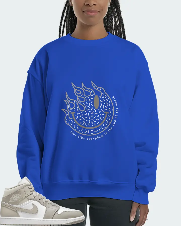 Jordan 1 Mid Sneaker Matching Royal Blue Sweatshirt (Keep Smiling) - View 3