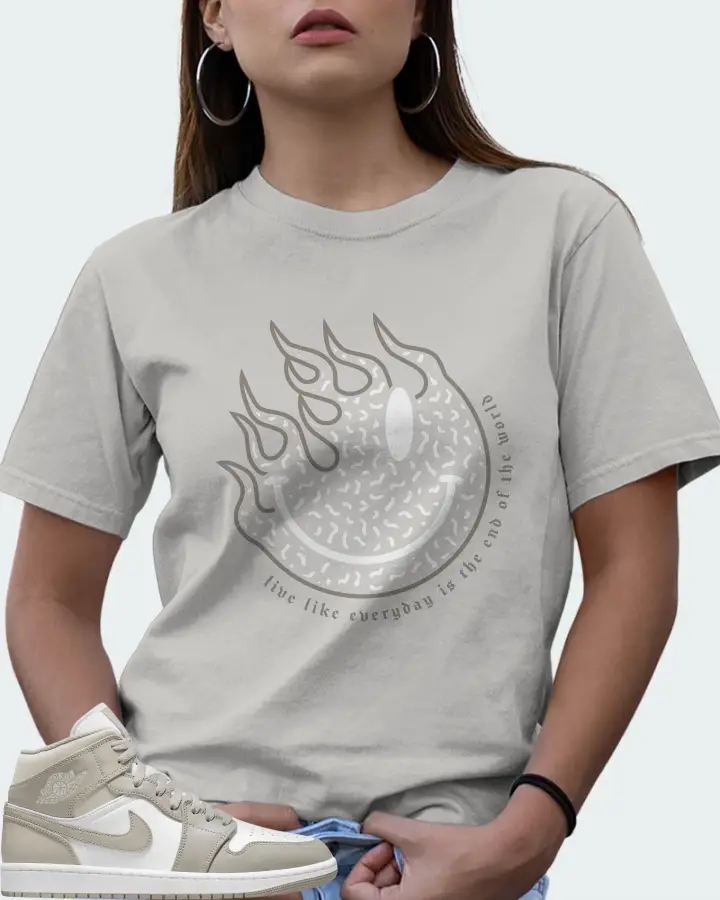 Jordan 1 Mid Sneaker Matching Grey Gildan T-Shirt (Keep Smiling) - View 7