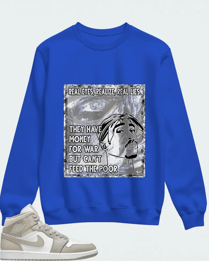 Jordan 1 Mid Sneaker Matching Royal Blue Sweatshirt - TUPAC Real Eyes Realize Real Lies