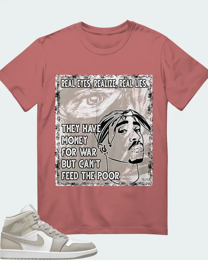 Jordan 1 Mid Sneaker Matching Mauve T-Shirt - TUPAC Real Eyes Realize Real Lies